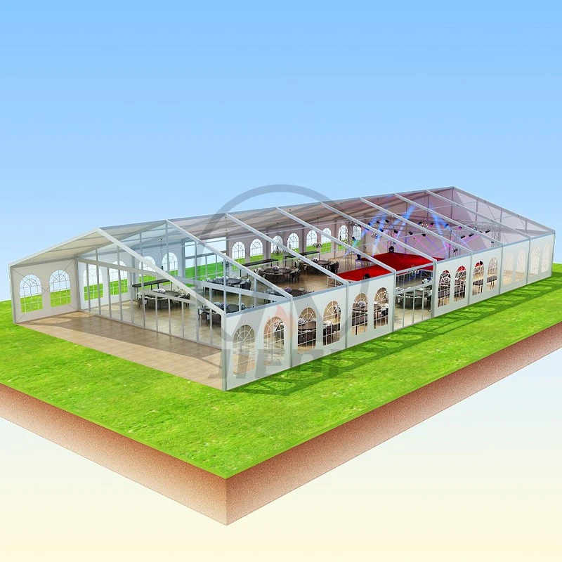 Wedding tent with elegant arch windows and stage lighting